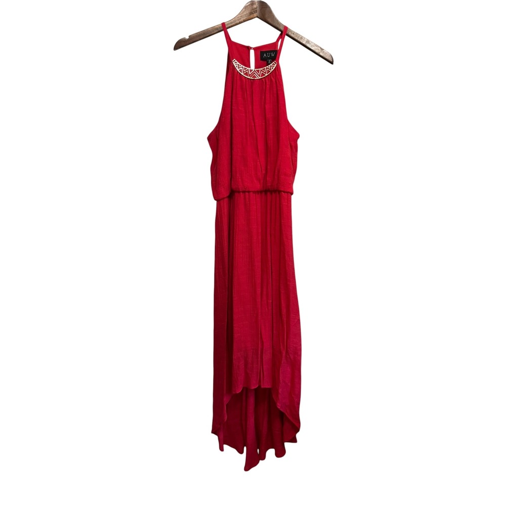 AUW High Low Maxi Dress Womens 6 Red Excellent Halter Neck Gold Collar Detail